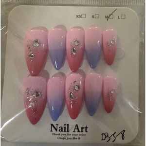 Pink And Purple Ombré Almond Press‎ On Nails With Glitter And Jewels